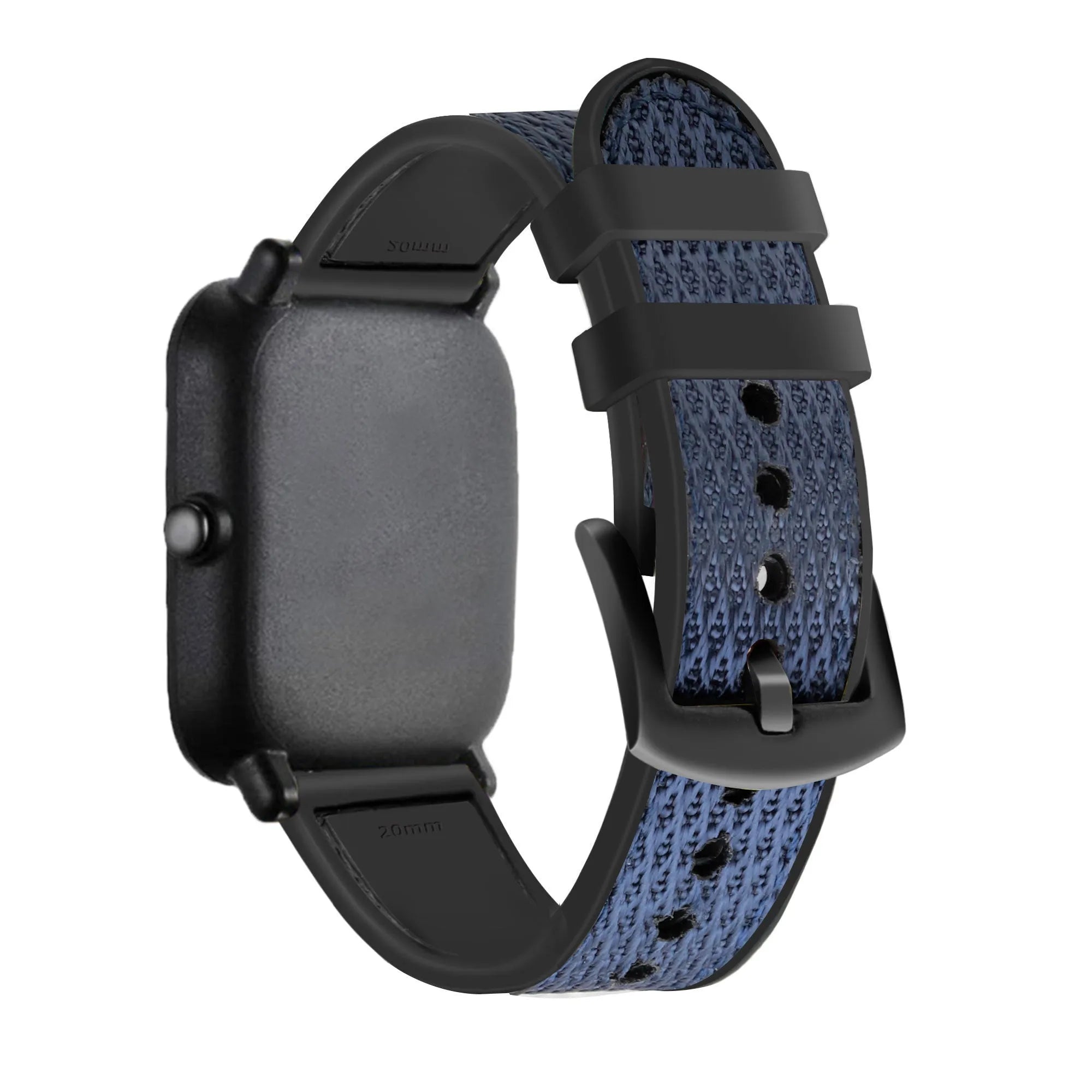 Nylon Hybrid Strap, blue, on a watch, 3/4 rear view