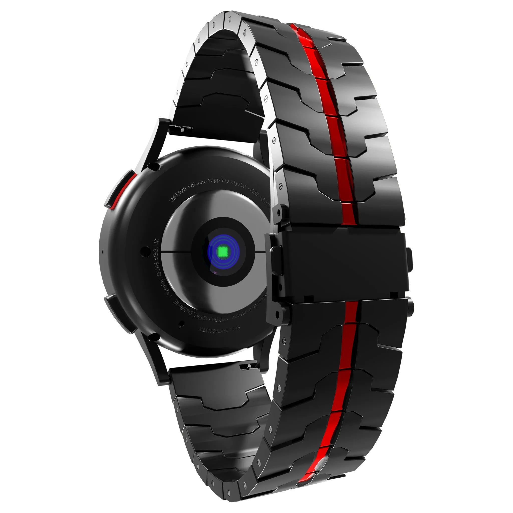 Steel Iron Strap, black/red, on a watch, 3/4 rear view