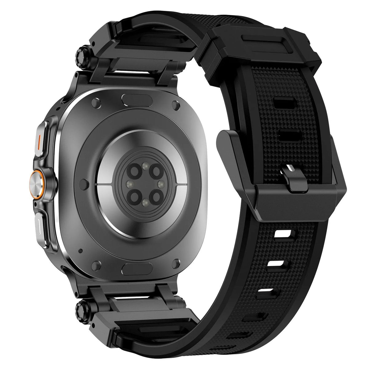 Silicone Strap 'Explorer', black with black, on a watch, 3/4 rear view