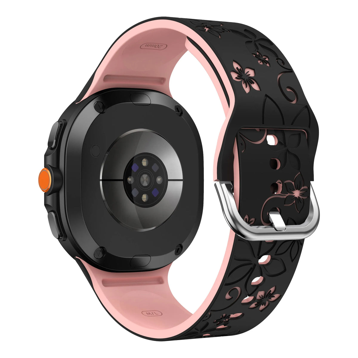 Flower Silicone Strap, black/pink, on a watch, 3/4 rear view