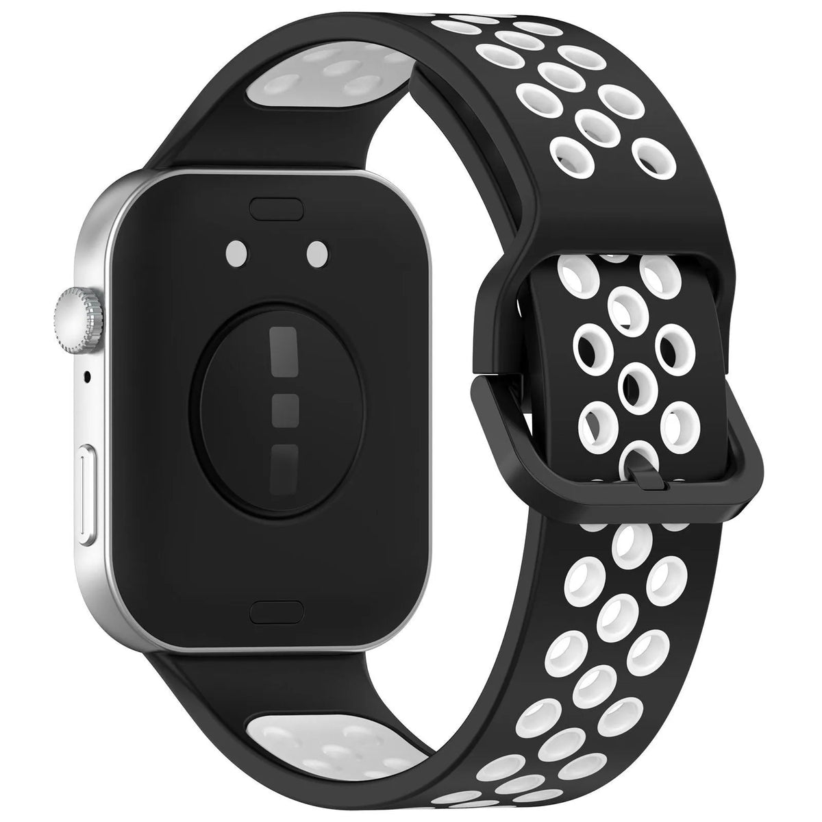 Silicone Sport Strap, black/white, on a watch, 3/4 rear view