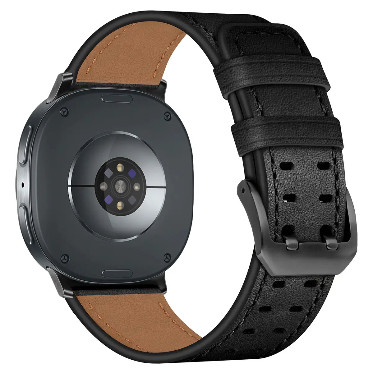 Double Pin Leather Strap, black, on a watch, 3/4 rear view