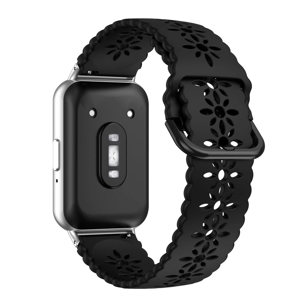 Patterned Silicone Strap, black, on a watch, 3/4 rear view