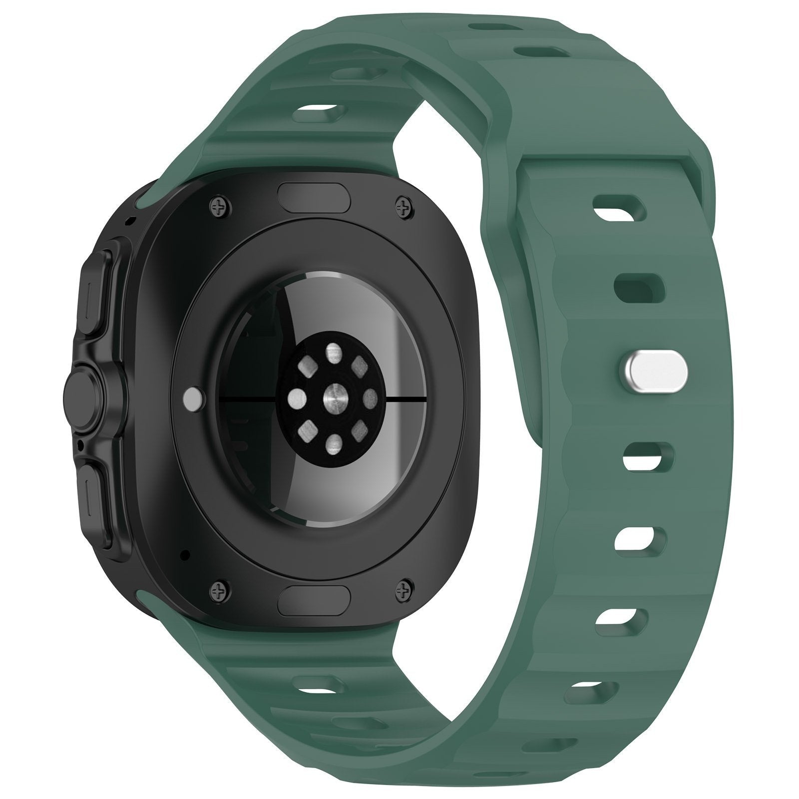 Outdoor Silicone Strap, dark green, on a watch, 3/4 rear view