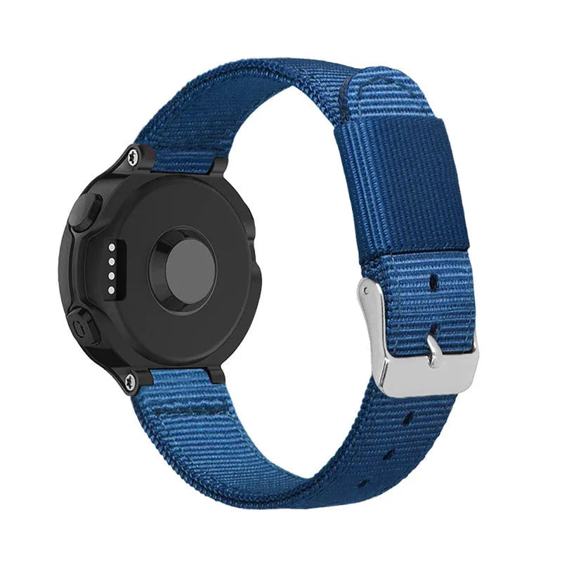 Nylon Buckle Strap, blue, on a watch, 3/4 rear view