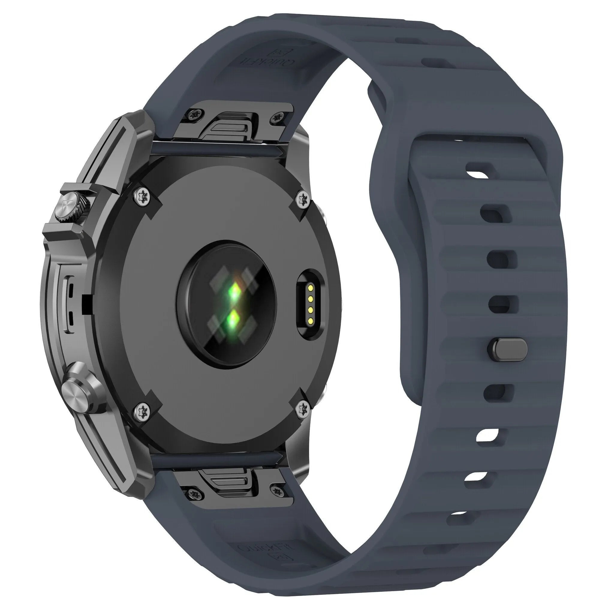 Outdoor Silicone Strap, grey-blue, on a watch, 3/4 rear view