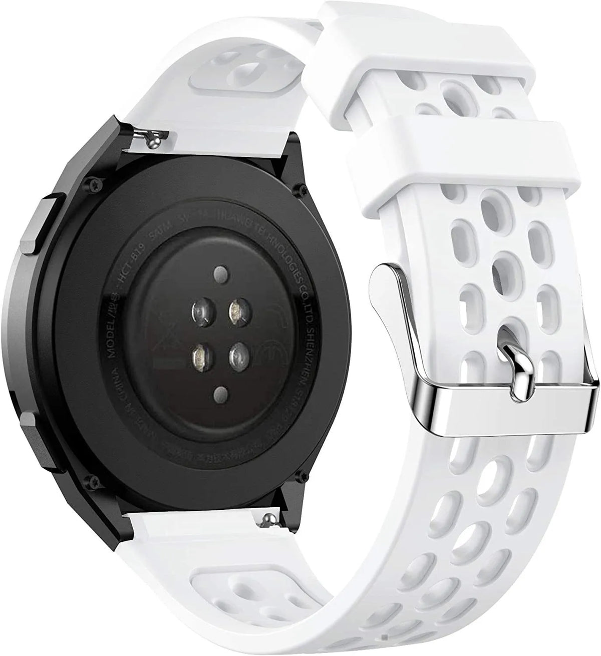 Breathable Silicone Strap, white, on a watch, 3/4 rear view