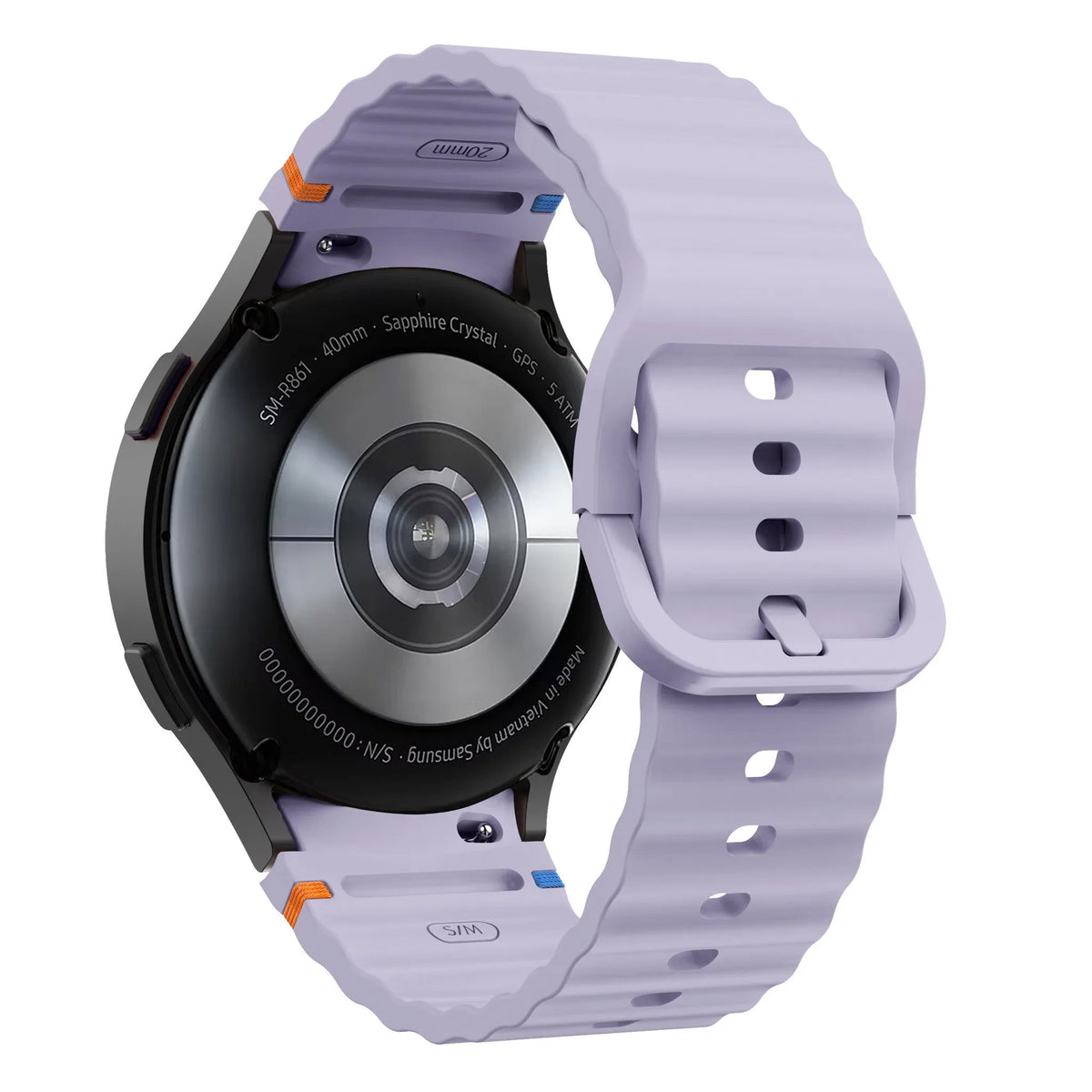 Wave Silicone Strap, light purple, on a watch, 3/4 rear view