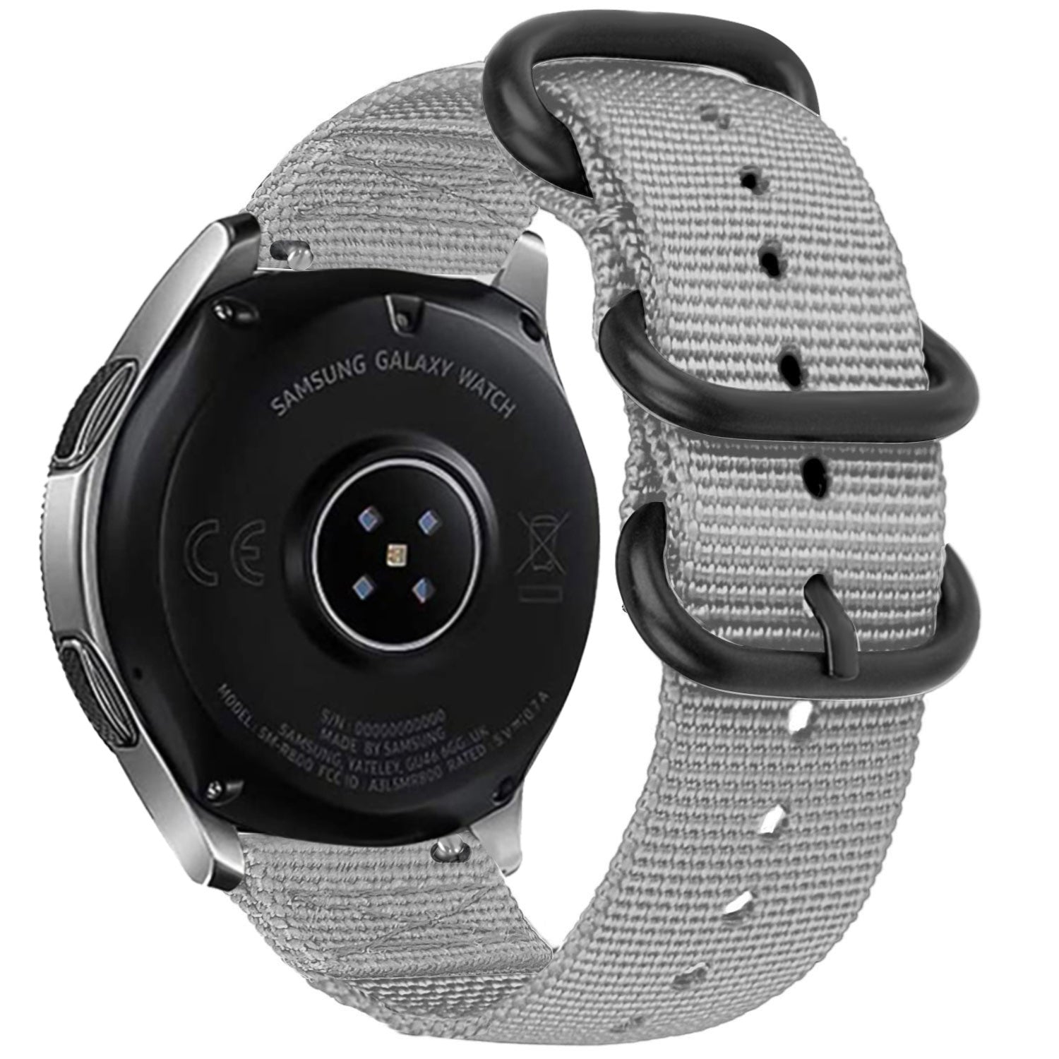 Nylon Buckle Strap, grey, on a watch, 3/4 rear view