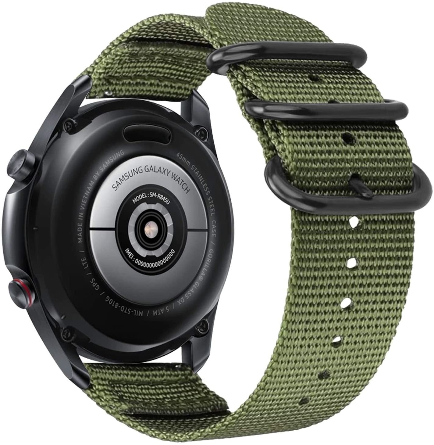 Nylon Buckle Strap, green, on a watch, 3/4 rear view