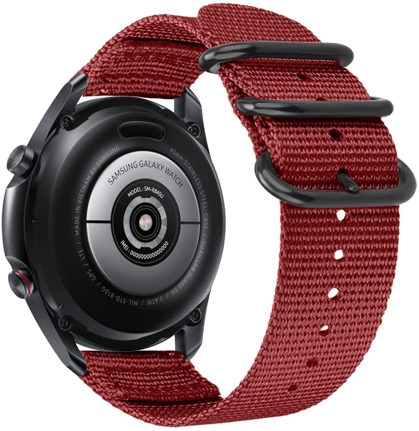 Nylon Buckle Strap, red, on a watch, 3/4 rear view