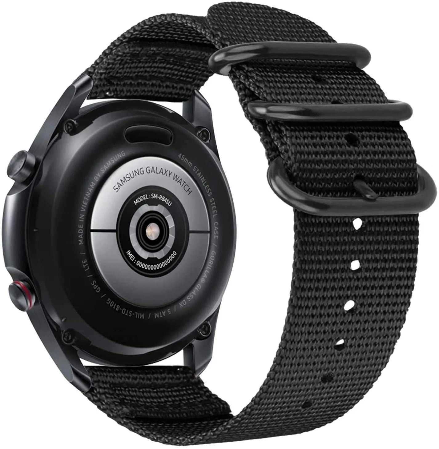Nylon Buckle Strap, black, on a watch, 3/4 rear view