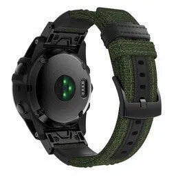Nylon Hybrid Strap, army green, on a watch, 3/4 rear view
