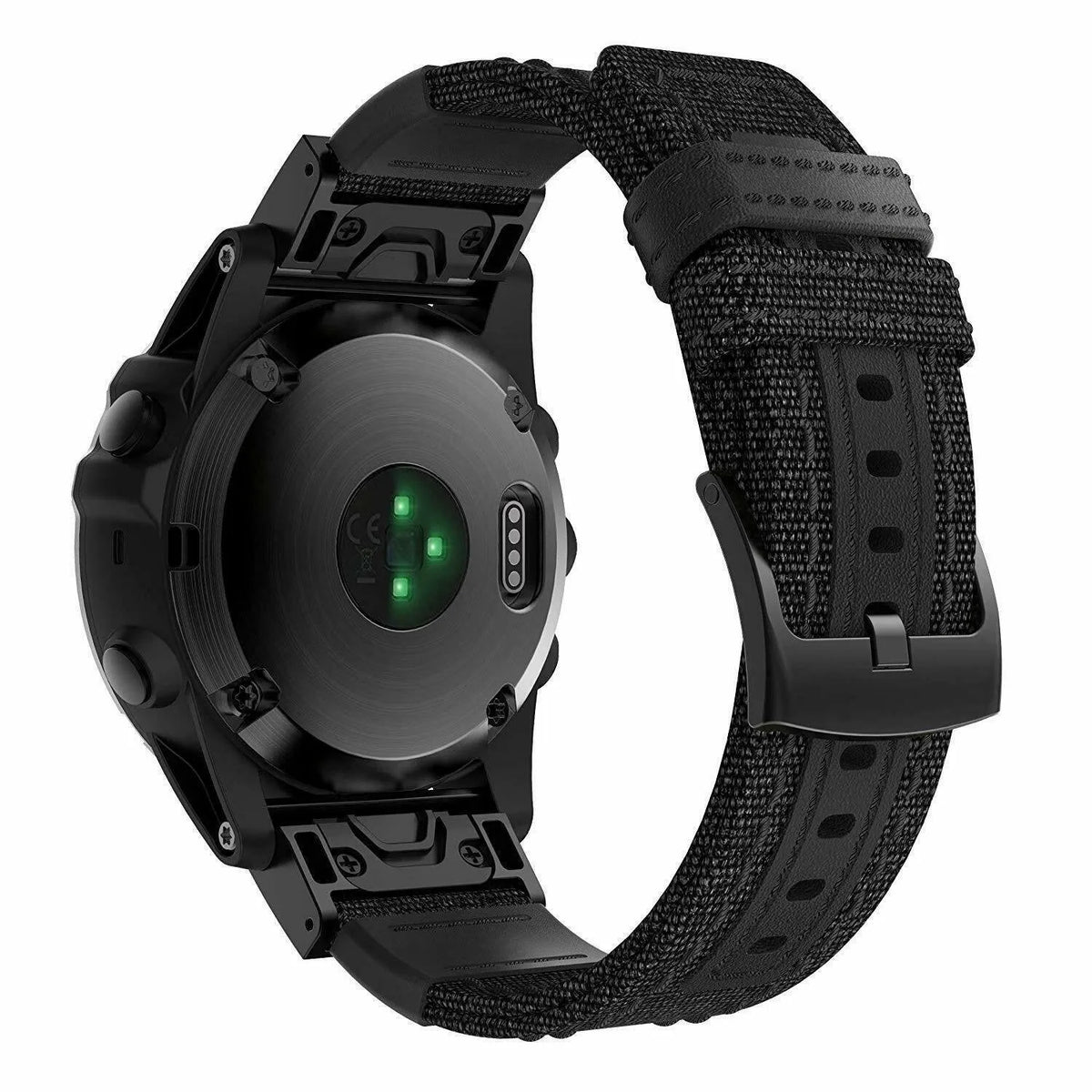 Nylon Hybrid Strap, black, on a watch, 3/4 rear view