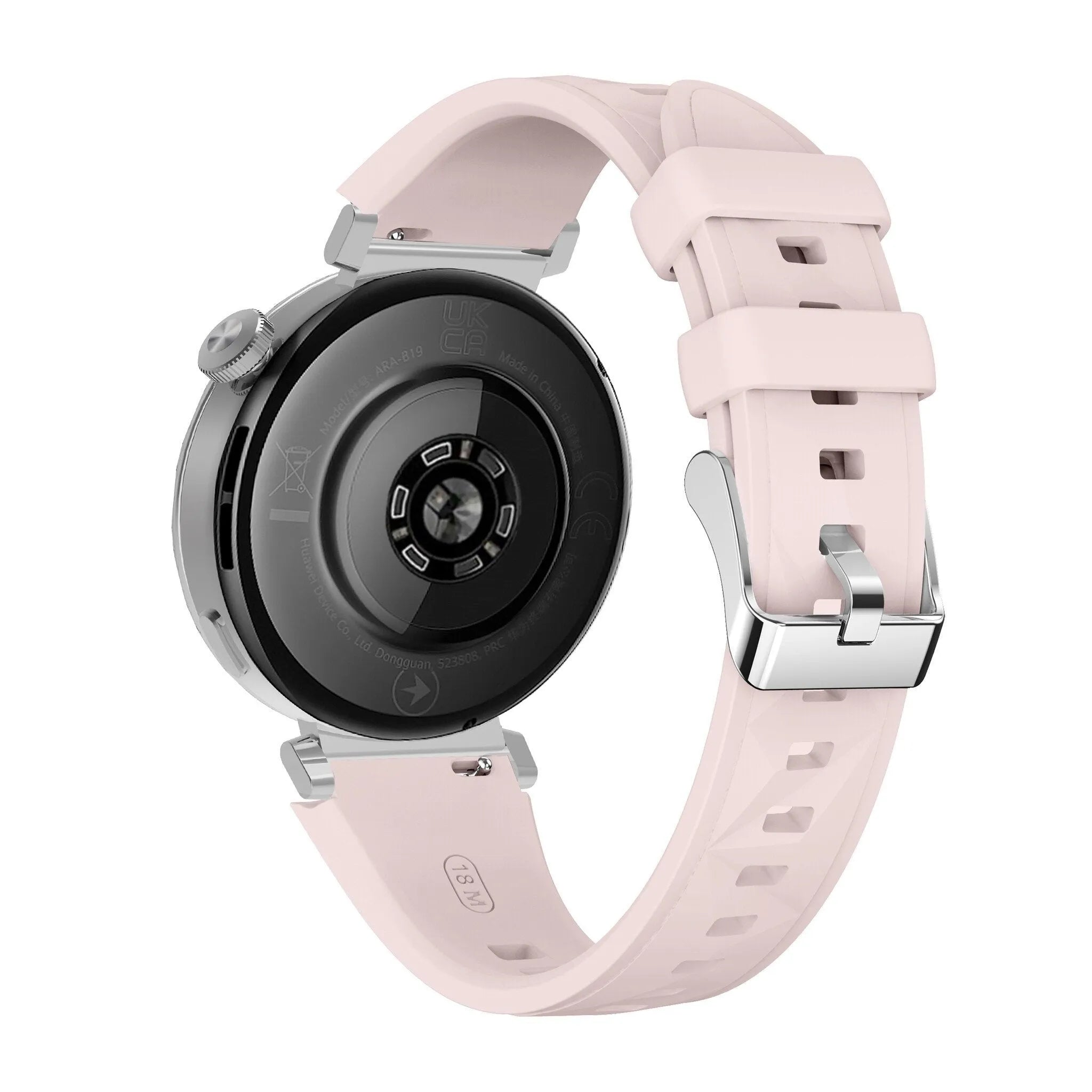 Premium Silicone Strap, pink, on a watch, 3/4 rear view