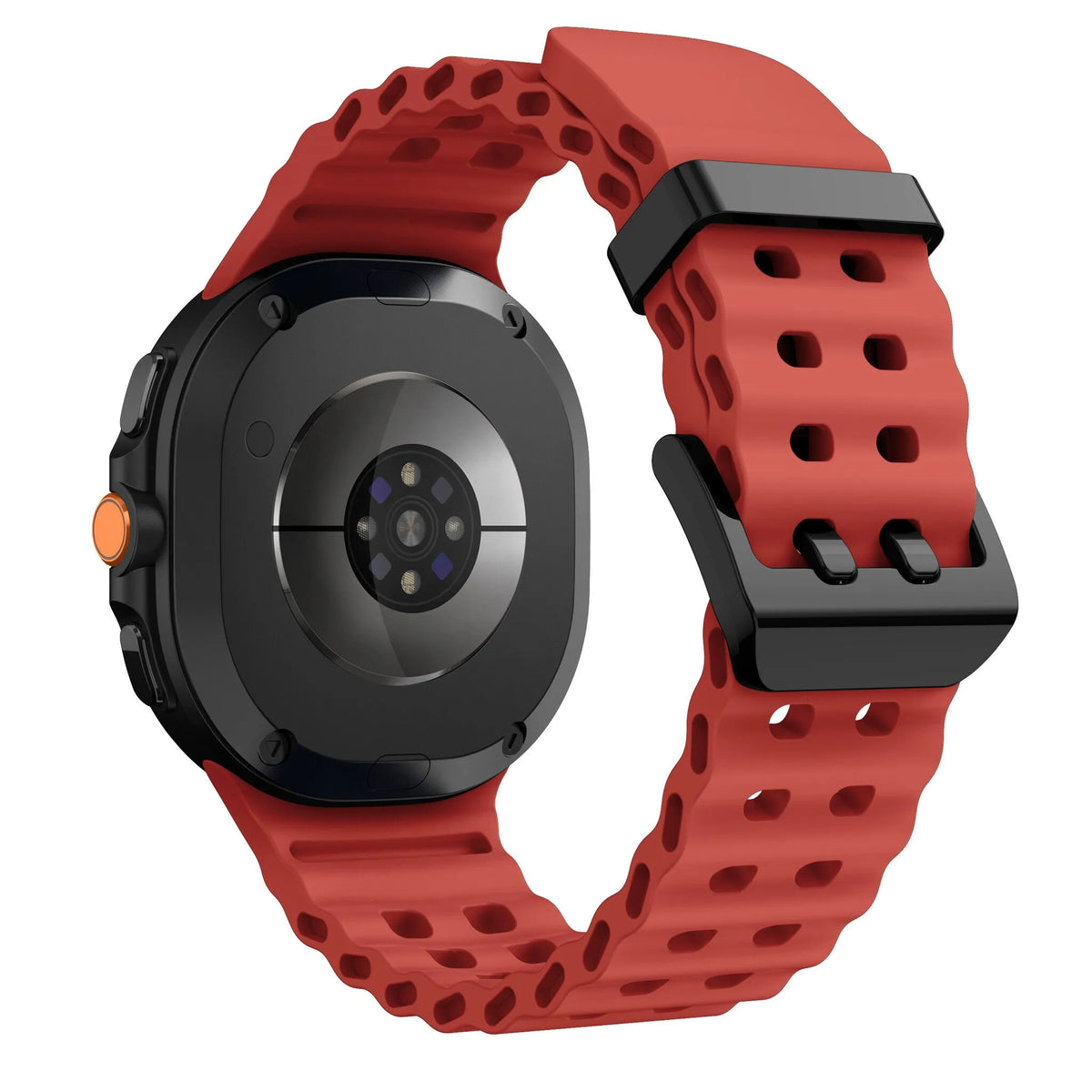 Silicone Ocean Strap, red, on a watch, 3/4 rear view