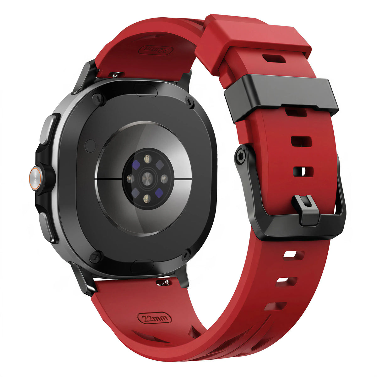 Race Silicone Strap, red, on a watch, 3/4 rear view