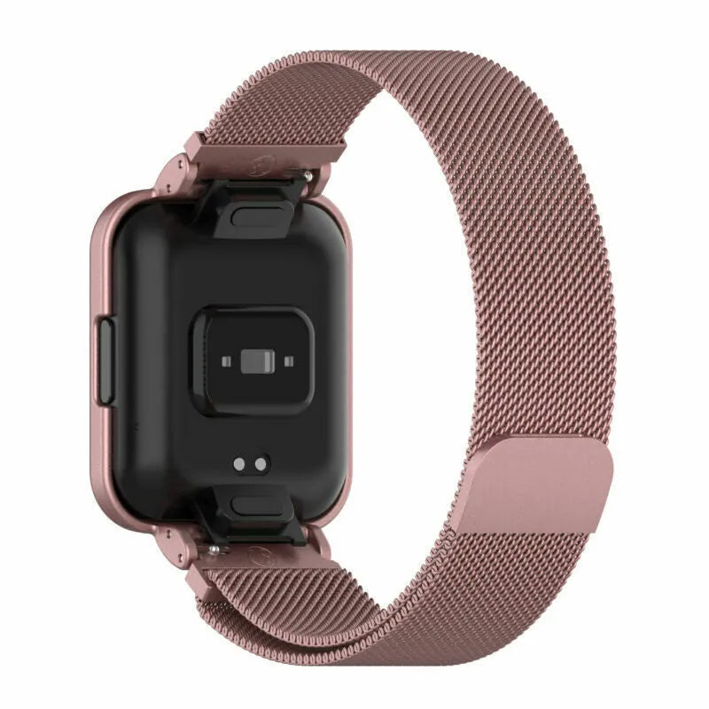 Milanese Strap, pink, on a watch, 3/4 rear view