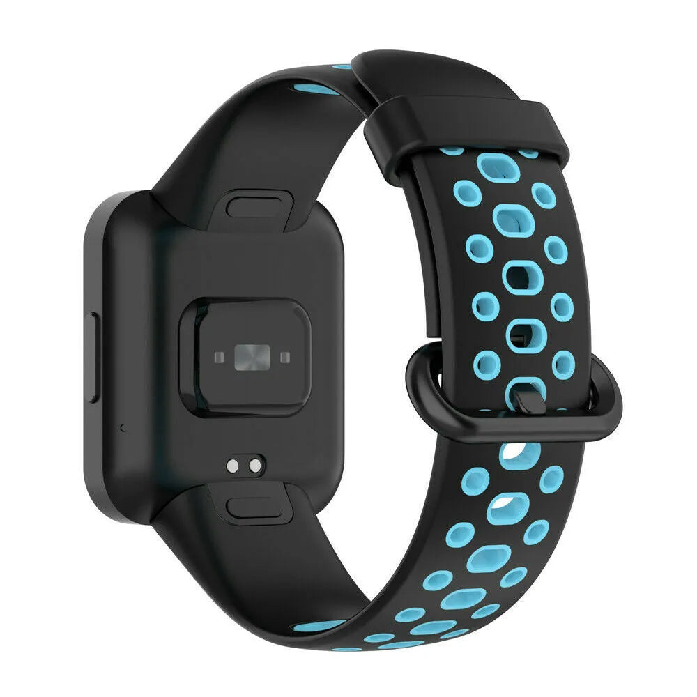 Silicone Sport Strap, black/blue, on a watch, 3/4 rear view