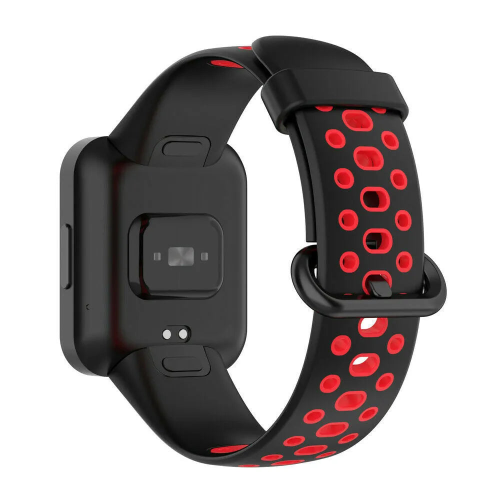 Silicone Sport Strap, black/red, on a watch, 3/4 rear view