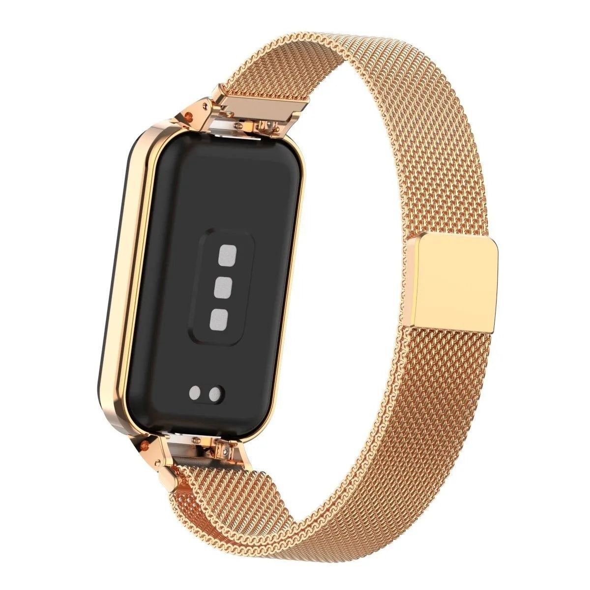 Milanese Strap, rose gold, on a watch, 3/4 rear view