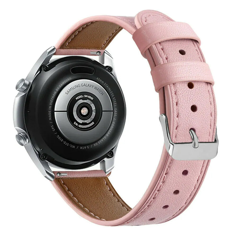 Modern Leather Strap, pink, on a watch, 3/4 rear view