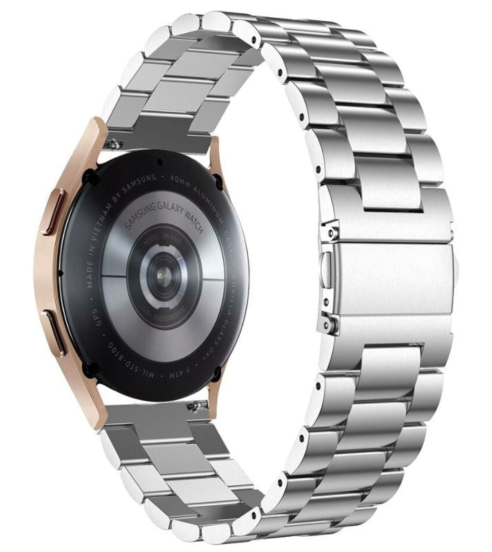 Steel Strap, silver, on a watch, 3/4 rear view