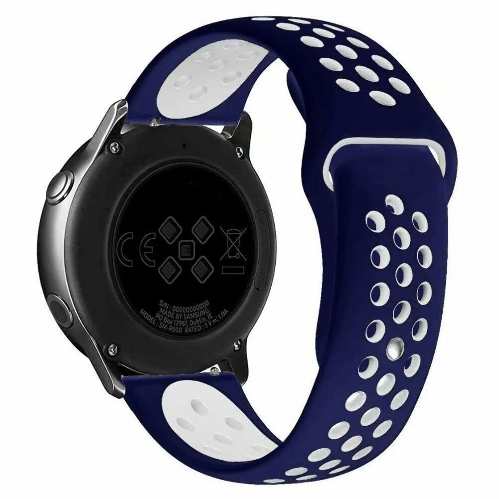 Silicone Sport Strap, blue/white, on a watch, 3/4 rear view