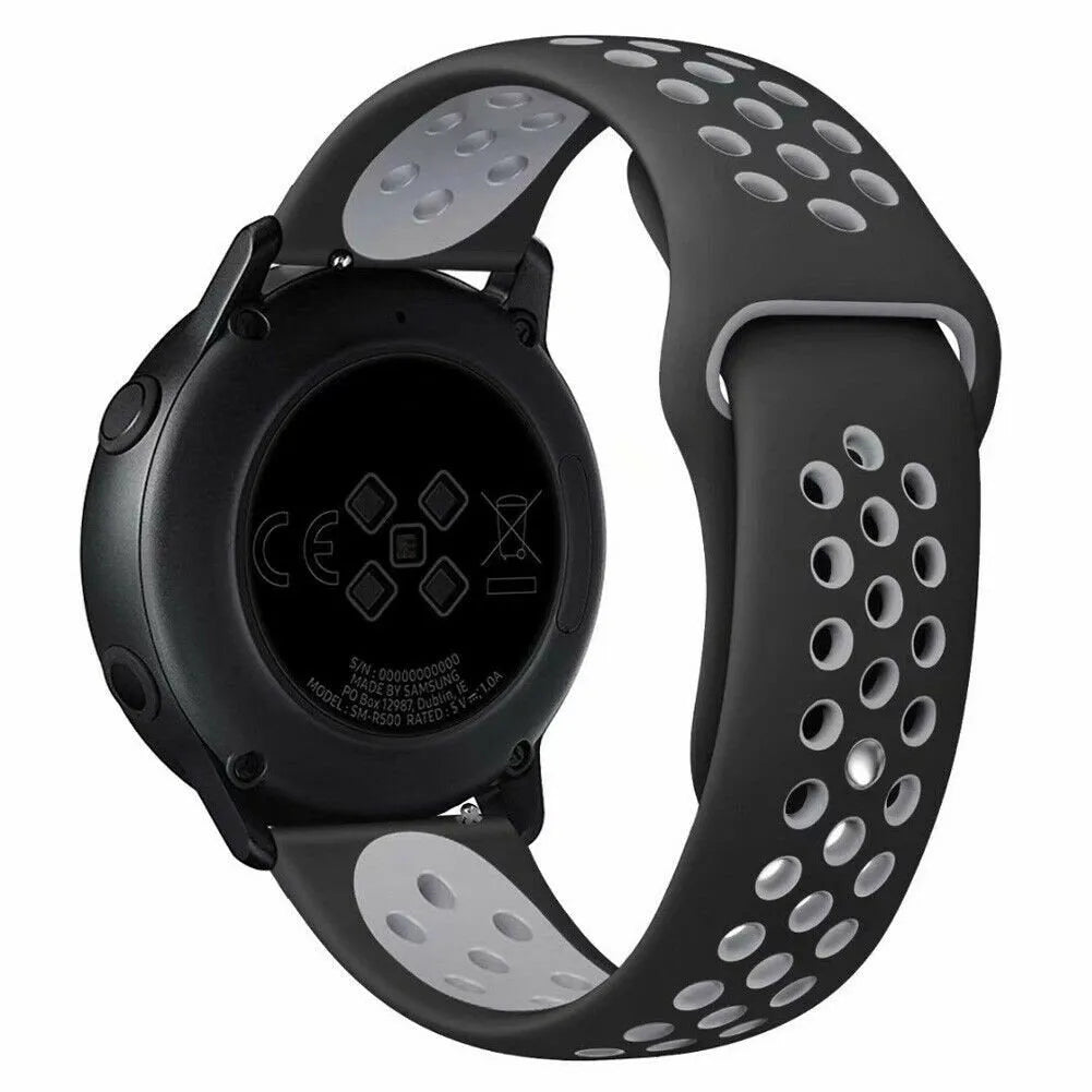 Silicone Sport Strap, black/grey, on a watch, 3/4 rear view