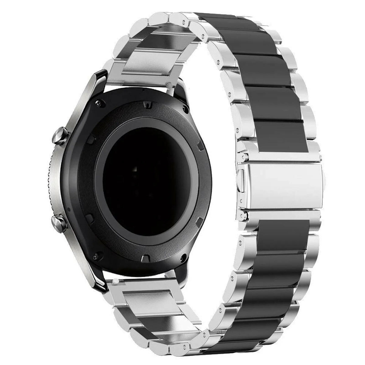 Steel Strap, silver/black, on a watch, 3/4 rear view