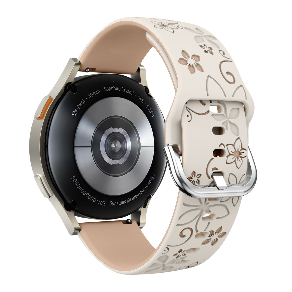 Flower Silicone Strap, starlight/beige, on a watch, 3/4 rear view