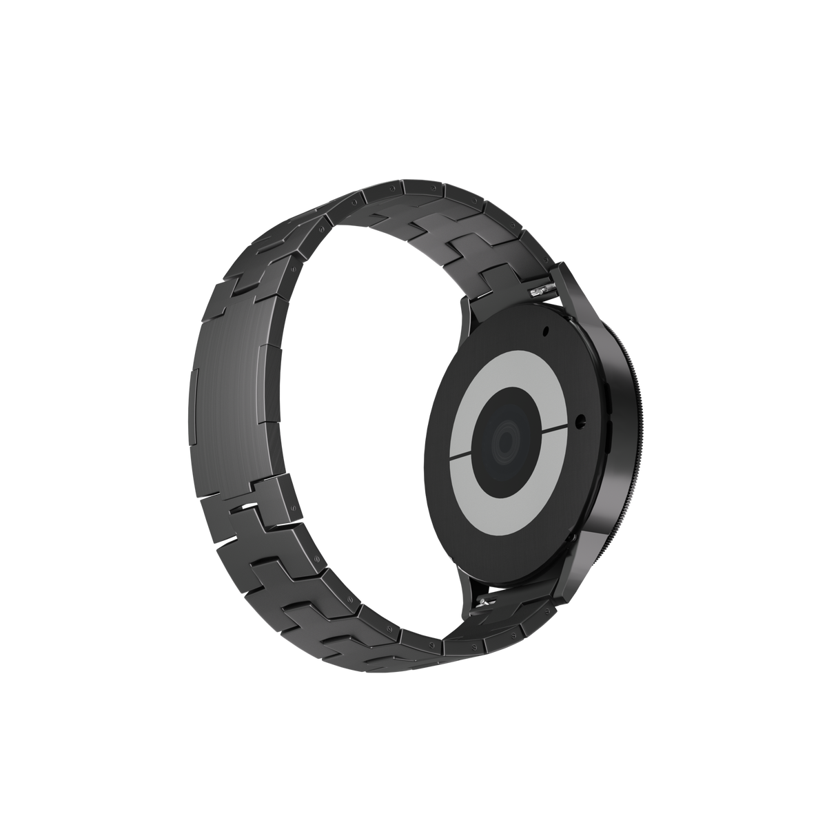 Titanium Grain Strap (Flat Clasp), graphite, on a watch, 3/4 rear view