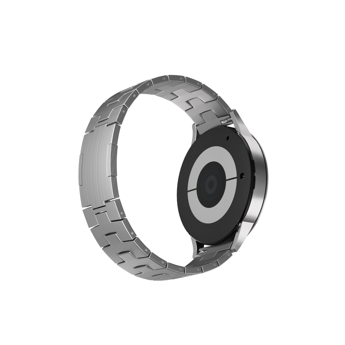 Titanium Grain Strap (Flat Clasp), silver, on a watch, 3/4 rear view