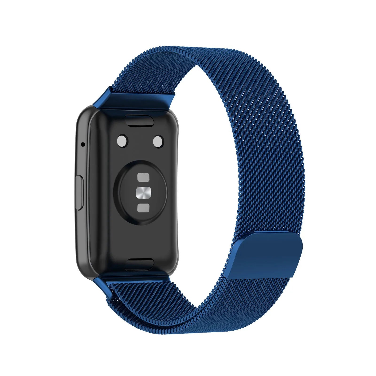 Milanese Strap, blue, on a watch, 3/4 rear view