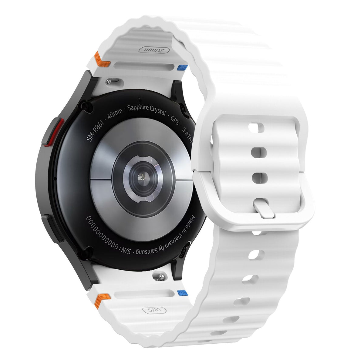 Wave Silicone Strap, white, on a watch, 3/4 rear view