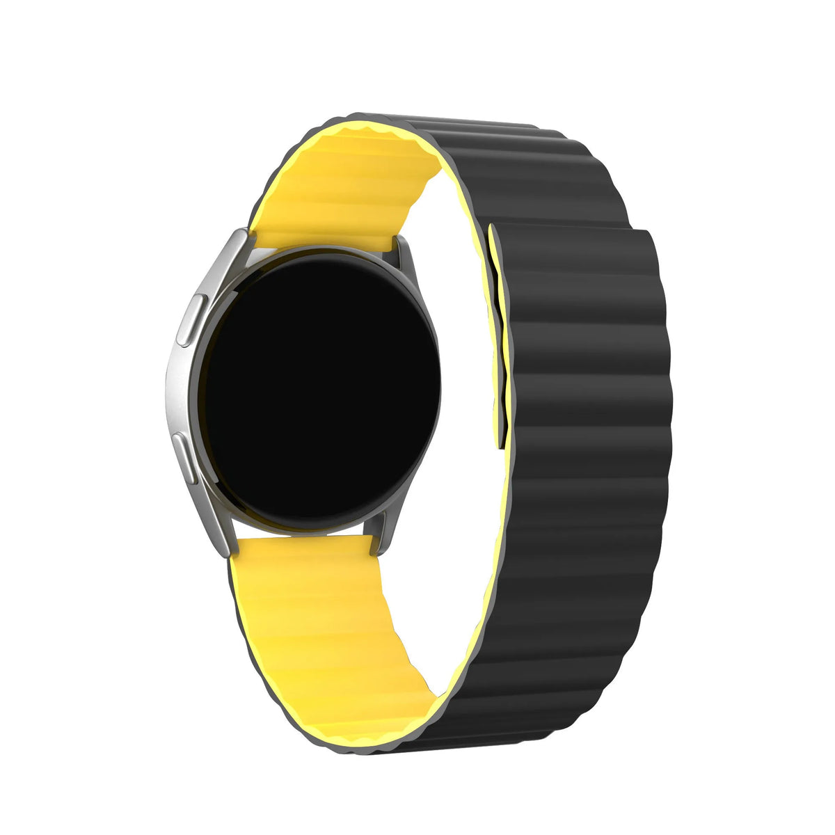 Magnetic Silicone Strap, black/yellow, on a watch, 3/4 rear view