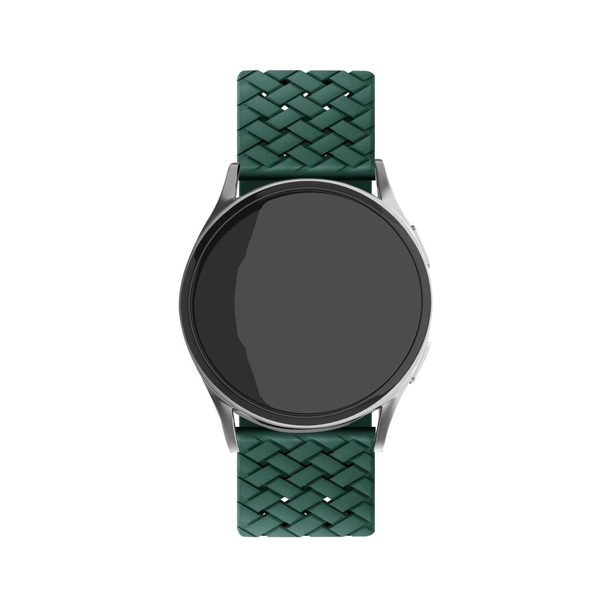 Braided Silicone Strap, dark green, on a watch, direct front view