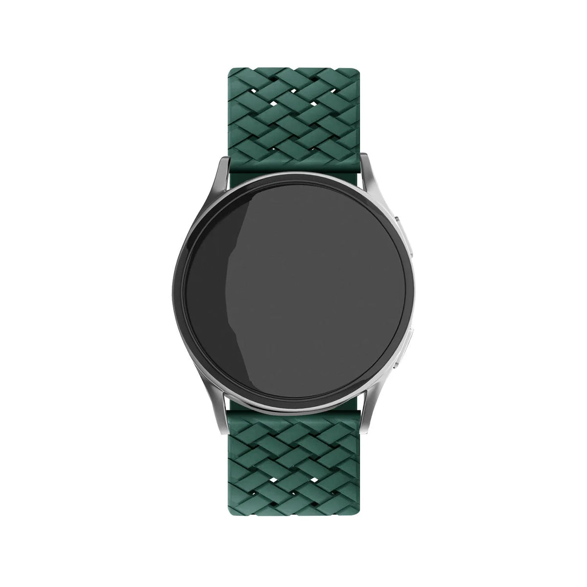 Braided Silicone Strap, dark green, on a watch, direct front view