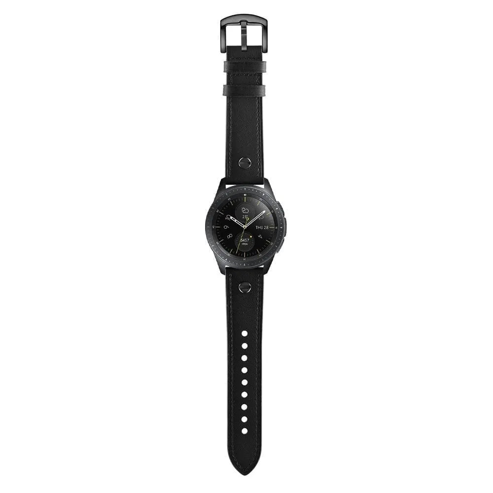 Leather Strap with Screw, black, on a watch, direct front view