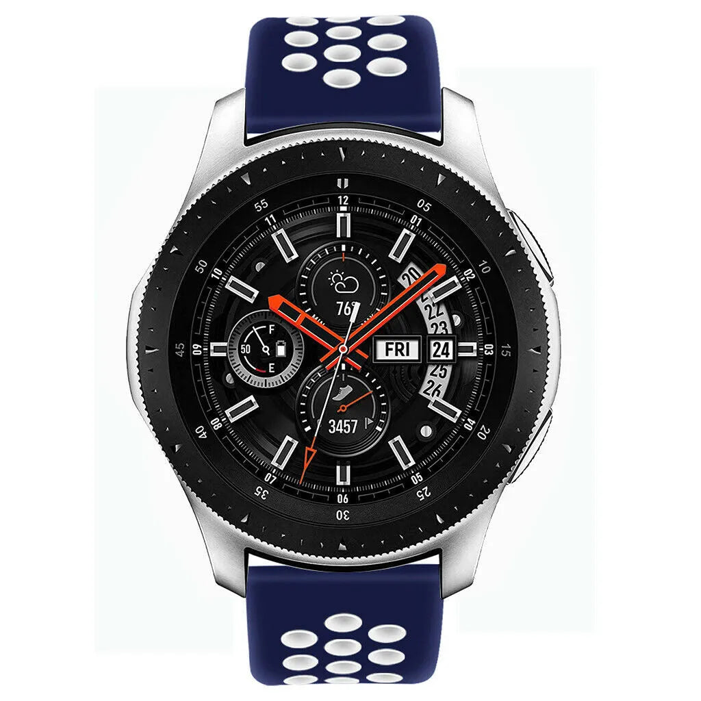 Silicone Sport Strap, blue/white, on a watch, direct front view