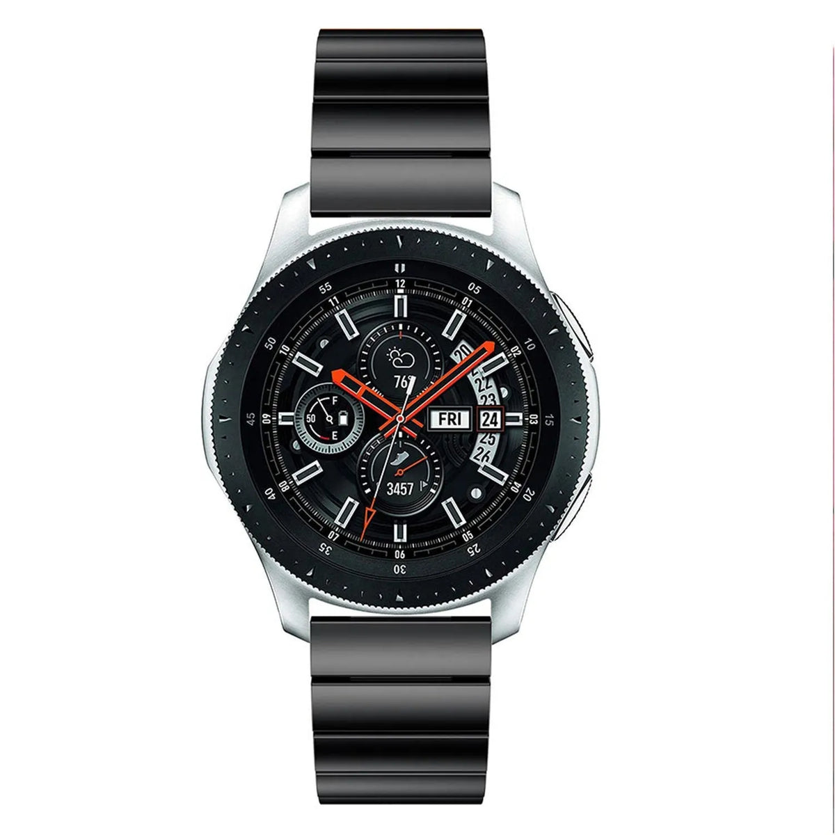 Premium Metal Strap, black, on a watch, direct front view