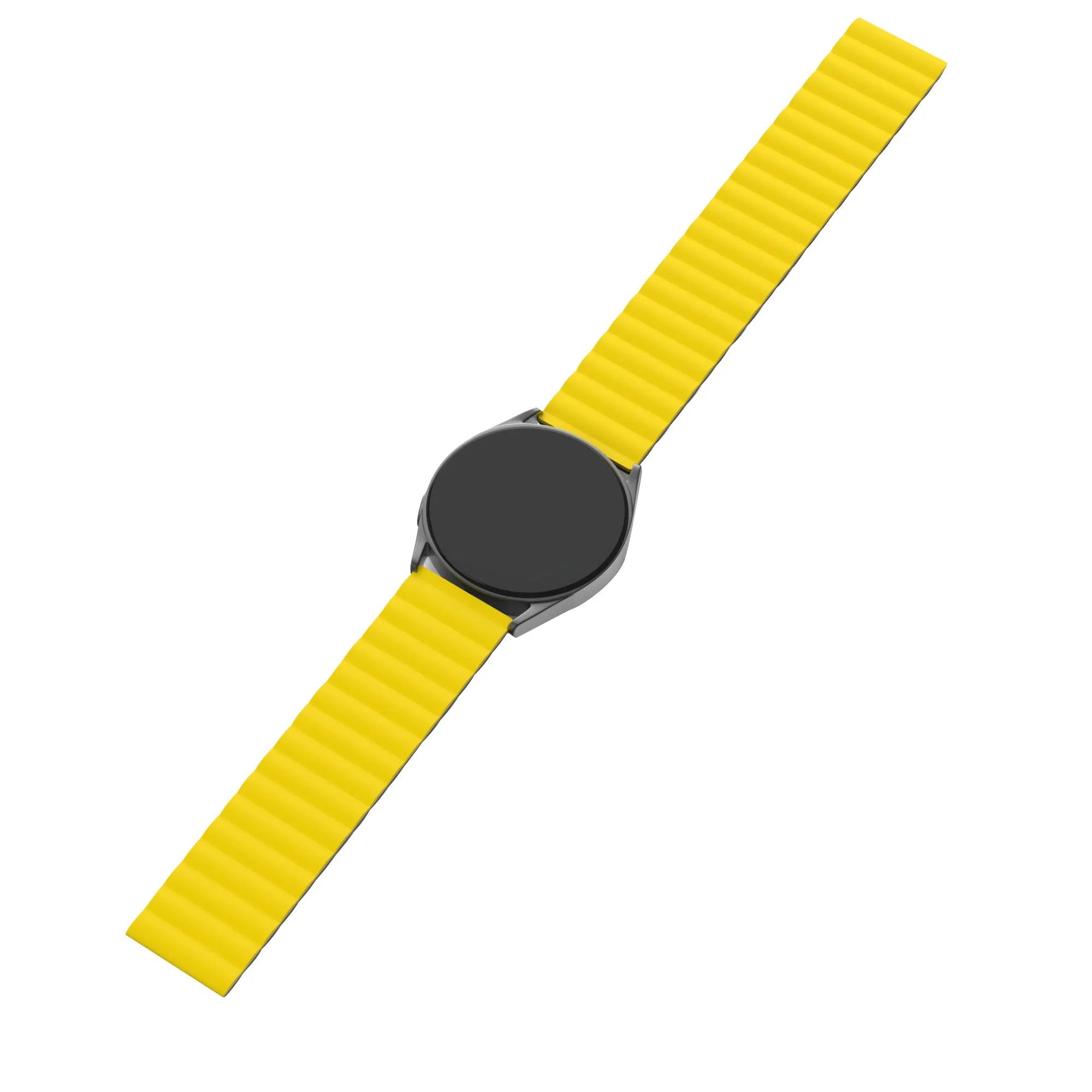 Magnetic Silicone Strap, black/yellow, on a watch, direct front view