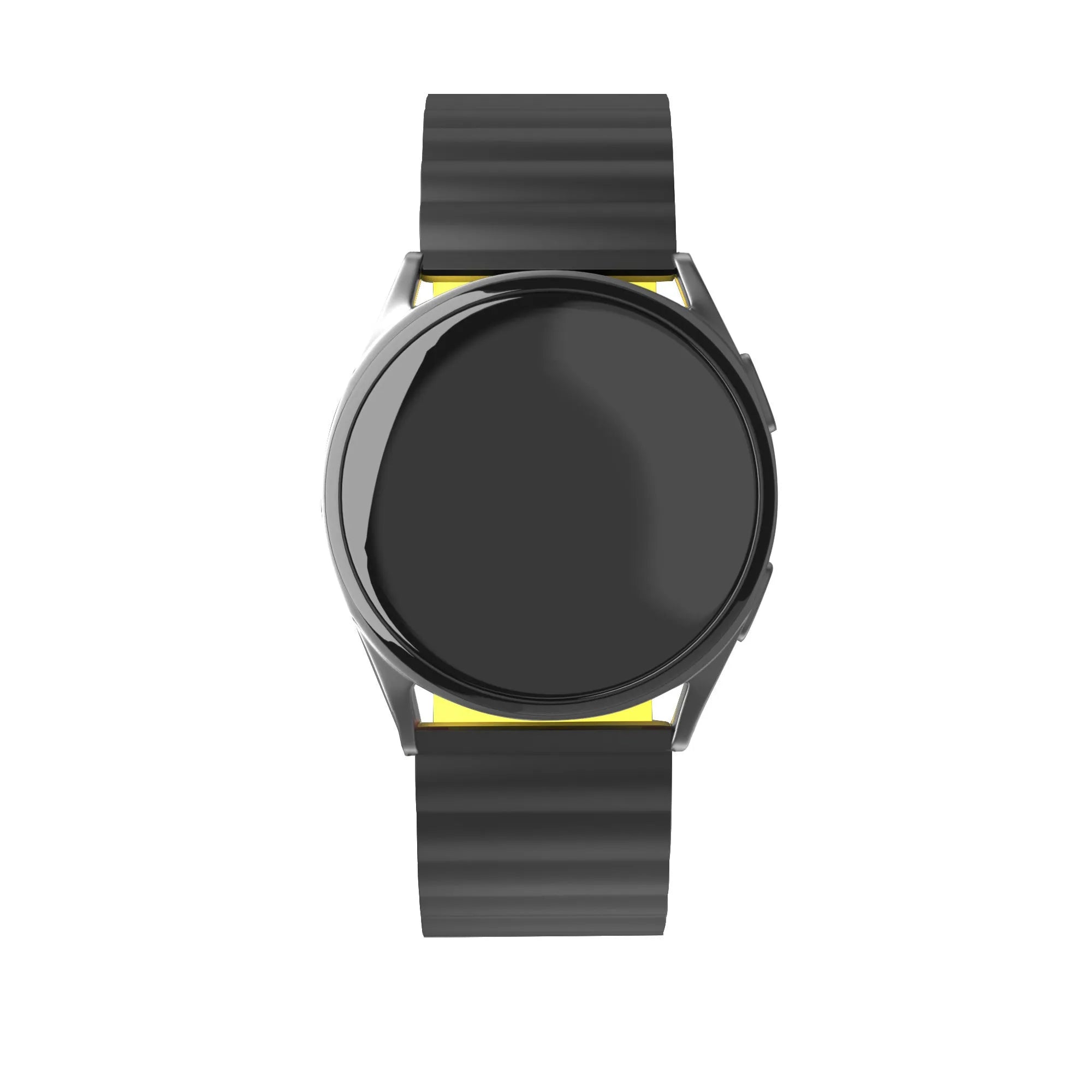 Magnetic Silicone Strap, black/yellow, on a watch, direct front view