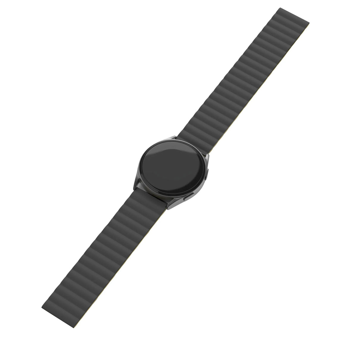 Magnetic Silicone Strap, black/yellow, on a watch, direct front view