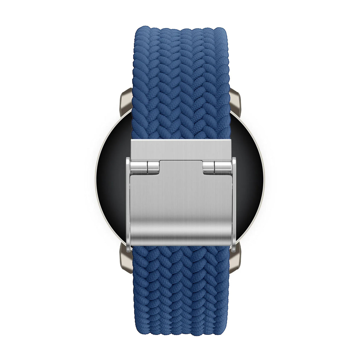 Woven Nylon Strap, blue, on a watch, direct rear view