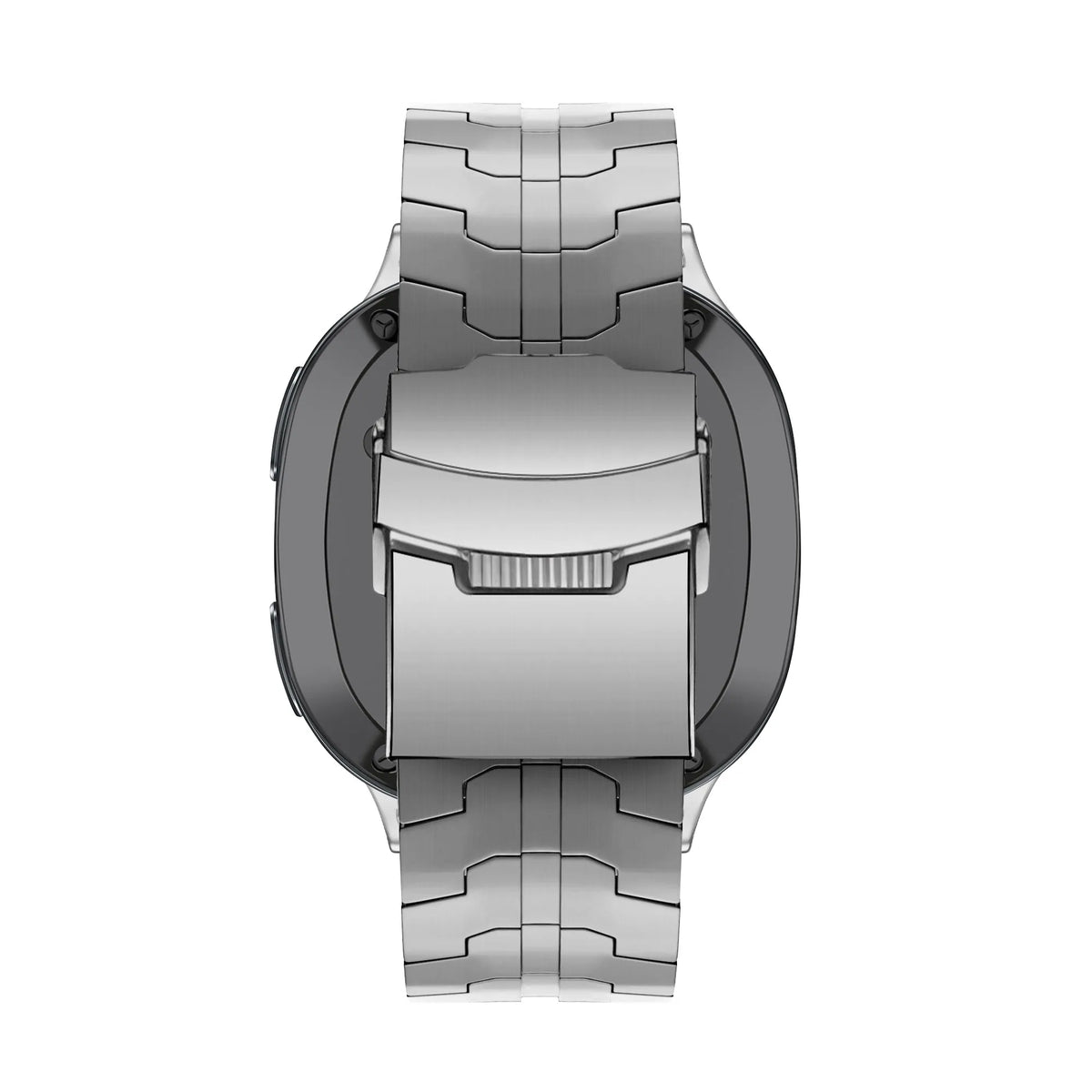 Steel Iron Strap, silver, on a watch, direct rear view