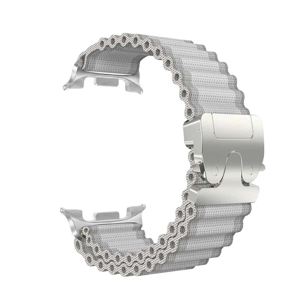 Outdoor Nylon Strap with P-Buckle, white with silver, without a watch, 3/4 front view