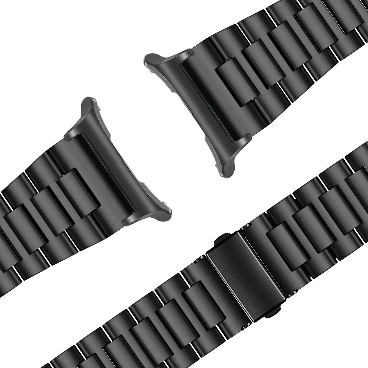 Steel Link Strap 'Deluxe', black, laid flat, separate parts, direct top view