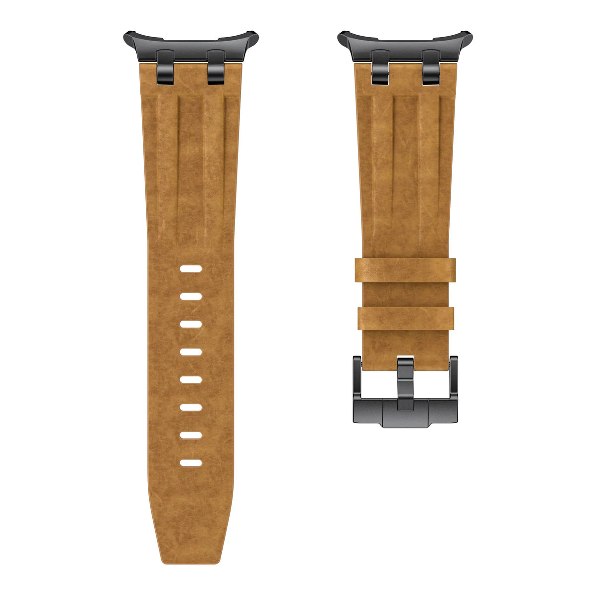 Solid Leather Strap, brown, laid flat, separate parts, direct top view