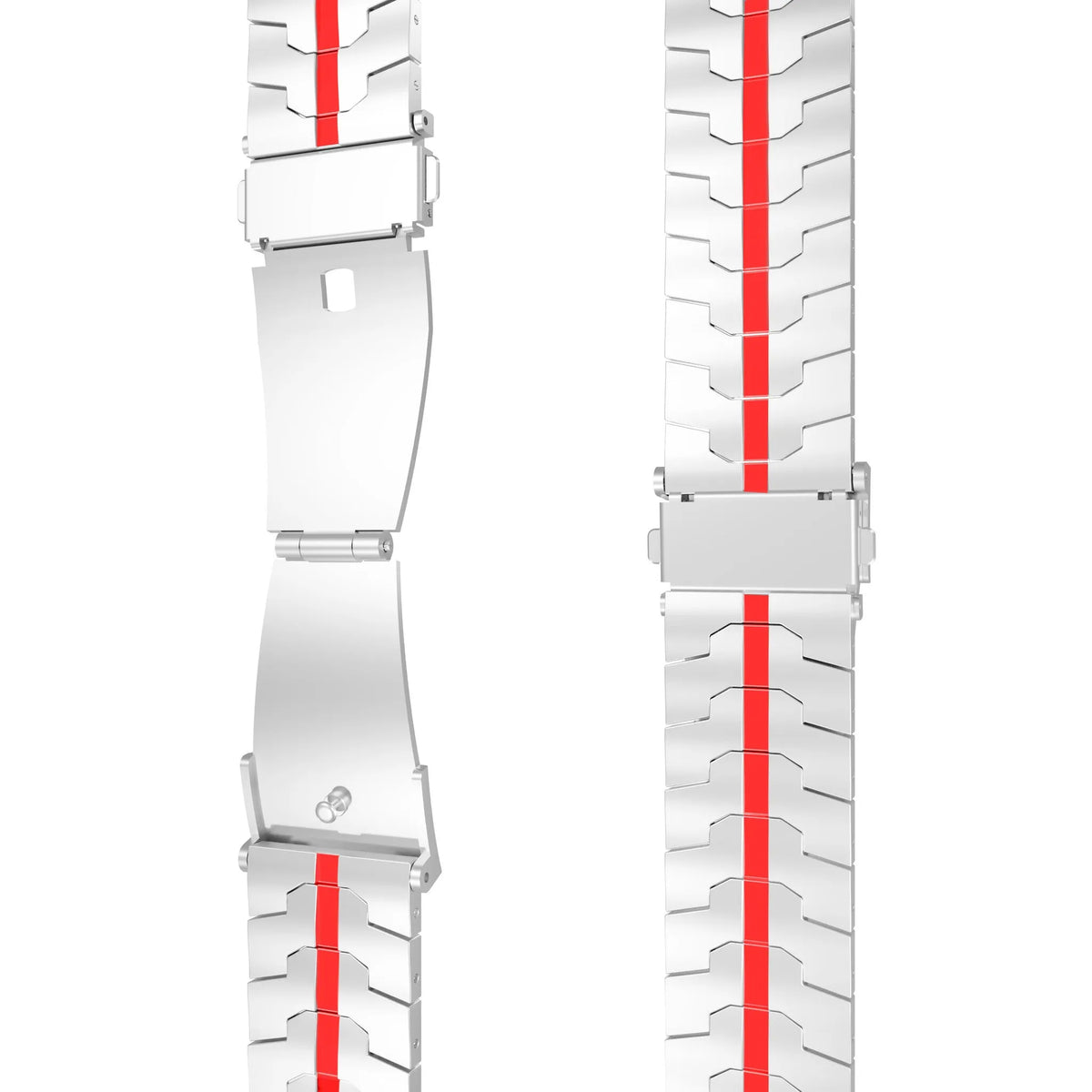 Steel Iron Strap, silver/red, laid flat, separate parts, direct top view